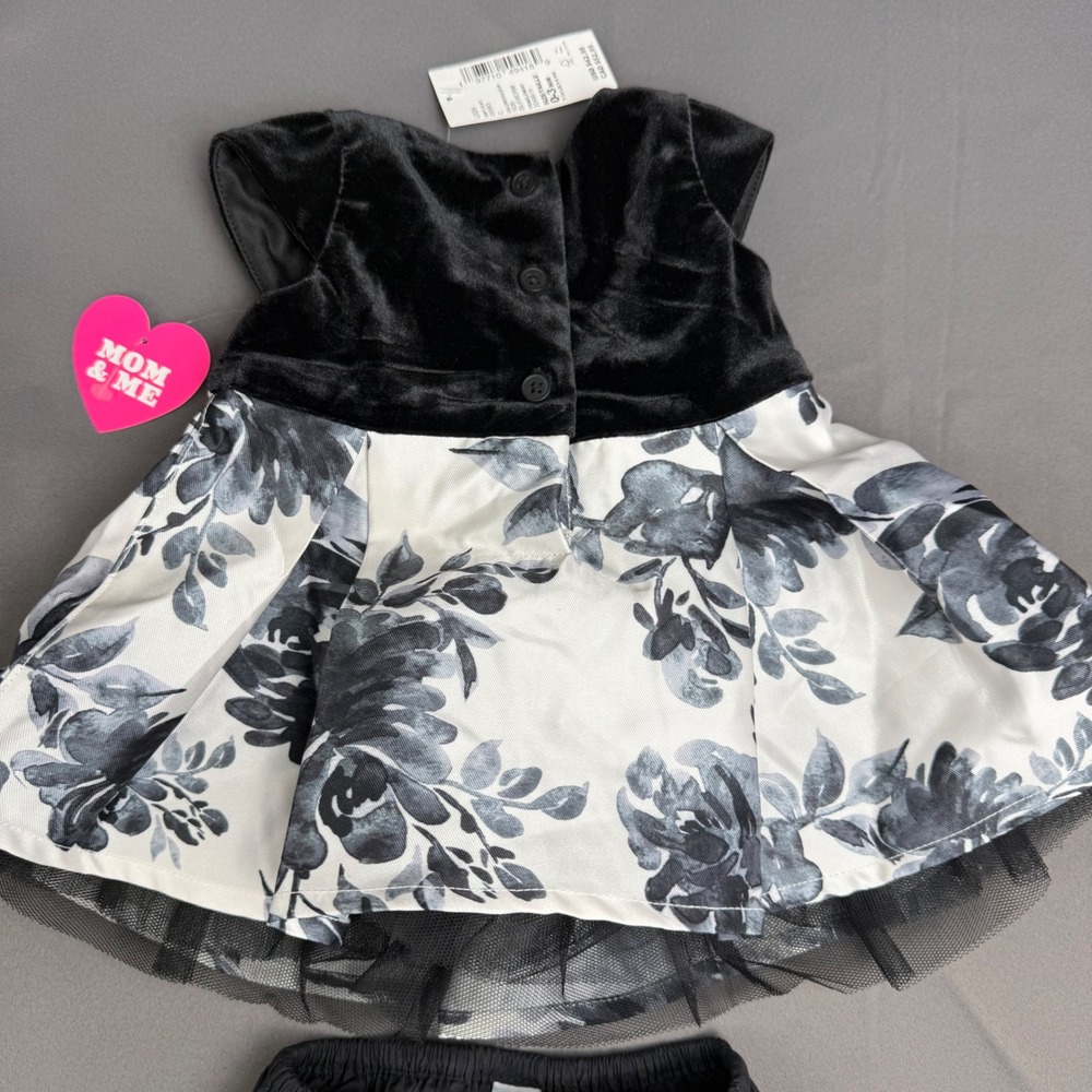 The Childrens Place Baby Girl Velvet Floral Dress Set Black White 0-3M NWT Fairy - Picture 2 of 16